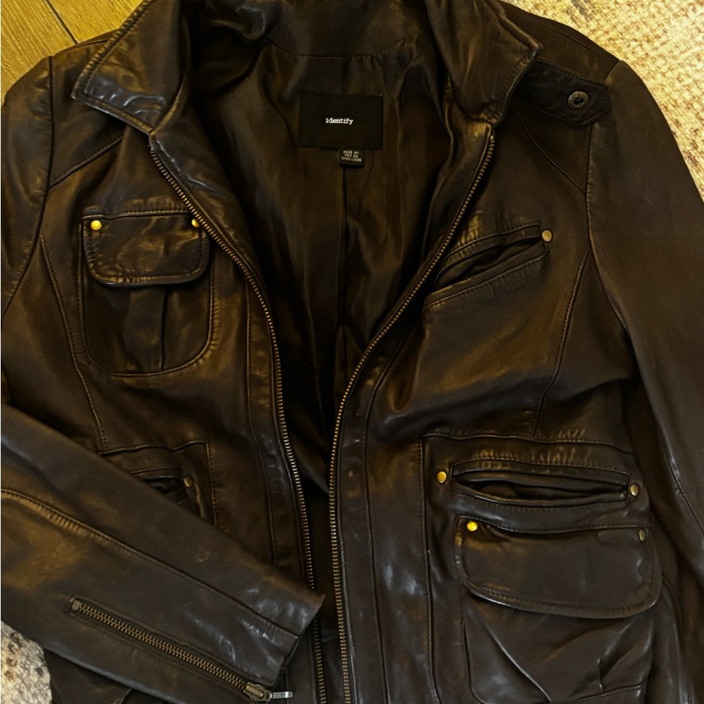 Identify 100 percent brown leather women’s jacket